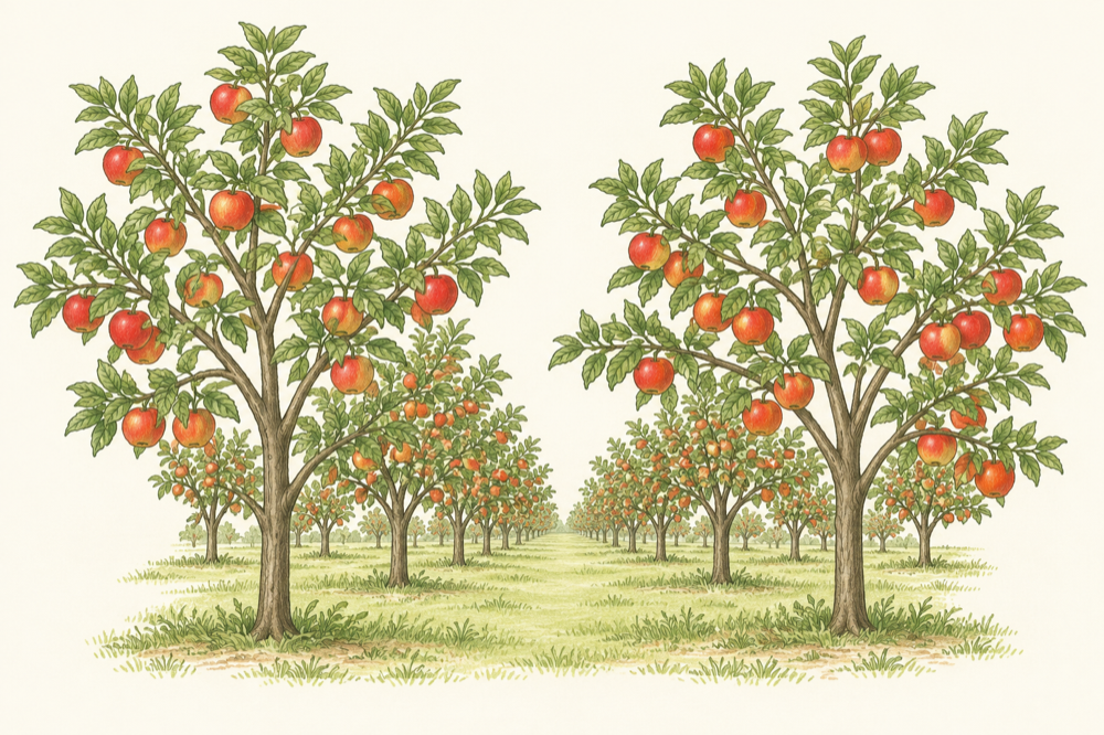 Illustration of apple orchard rows